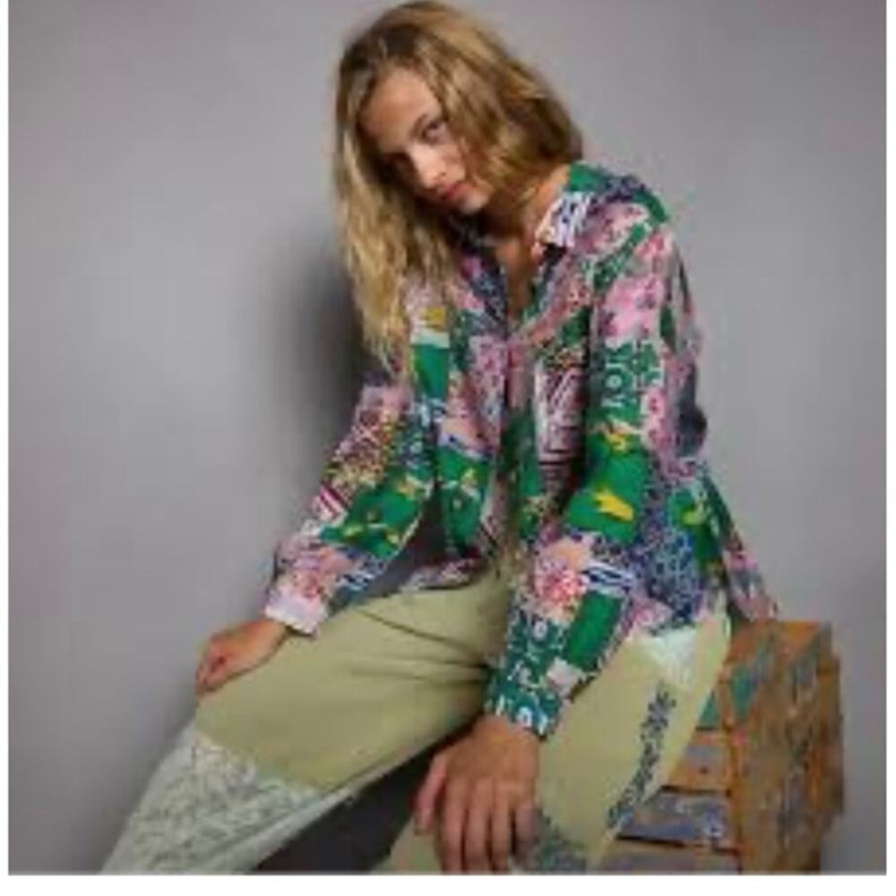 Pol Patchwork Multi Print Cotton Button Up Oversi… - image 1